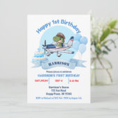 かわいい男の子向けの青い飛行機と恐竜の1歳の誕生日 招待状 (スタンド正面)