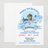 かわいい男の子向けの青い飛行機と恐竜の1歳の誕生日 招待状 (正面/裏面)
