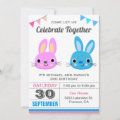 かわいい男の子女の子うさぎの双子の誕生日パーティーの招待状 招待状 (正面)