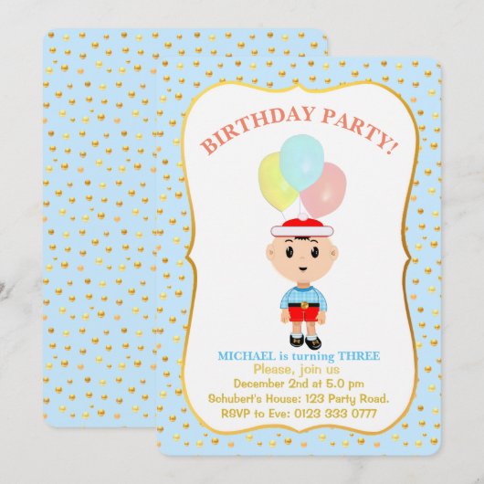 かわいい男の子3歳の誕生日招待状 招待状 (正面/裏面)