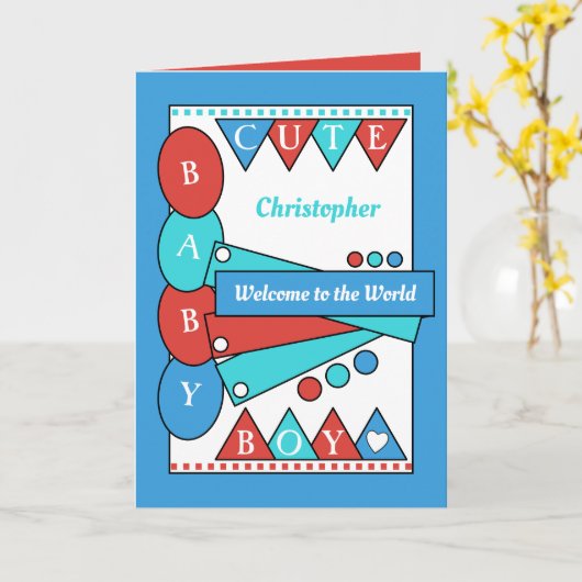 かわいい男の赤ちゃんが世界の青にようこそ カード (黄色い花)