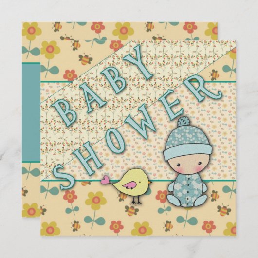 かわいい男の赤ちゃんと鳥のベビーシャワー招待状 招待状 (正面/裏面)