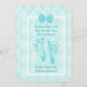 かわいい男の赤ちゃんの足跡ベビーシャワーブルーリボン 招待状 (正面/裏面)