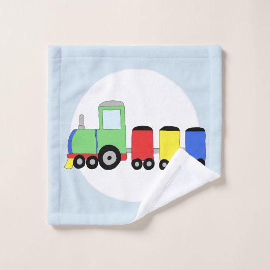 かわいい男の赤ちゃんカラフル機関車の列車と名前 バスタオルセット (ウォッシュタオル)