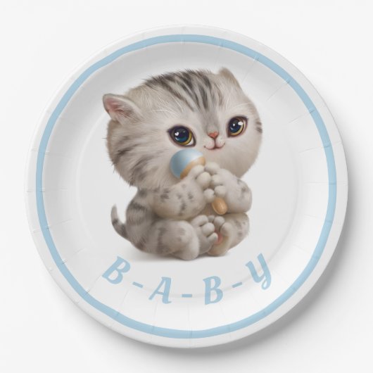 かわいい男の赤ちゃんキッテンハンドドロッドブルータイポグラフィ ペーパープレート (正面)