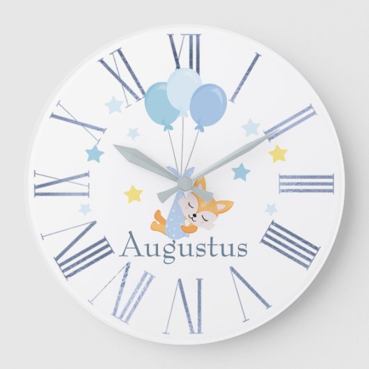 かわいい男の赤ちゃんキツネとバルーン ラージ壁時計 (正面)