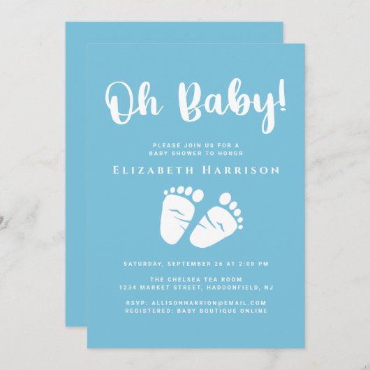 かわいい男の赤ちゃんシャワーブルー 招待状 (正面/裏面)