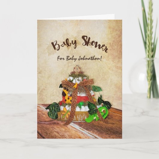 かわいい男の赤ちゃんジャングルおむつケーキ赤ちゃんシャワー 招待状 (正面)