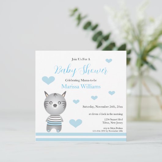 かわいい男の赤ちゃんゼブラブルーハート 招待状 (スタンド正面)