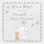 かわいい男の赤ちゃんゾウとバルーンウォーター色 スクエアシール (正面)