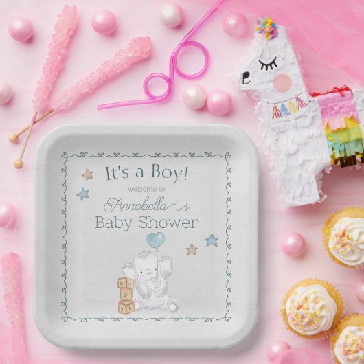 かわいい男の赤ちゃんゾウとバルーンウォーター色 ペーパープレート (パーティー)