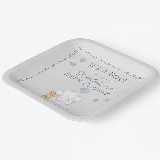 かわいい男の赤ちゃんゾウとバルーンウォーター色 ペーパープレート (傾斜あり)