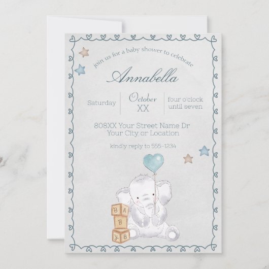 かわいい男の赤ちゃんゾウとバルーンウォーター色 招待状 (正面)