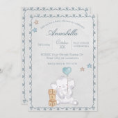 かわいい男の赤ちゃんゾウとバルーンウォーター色 招待状 (正面/裏面)