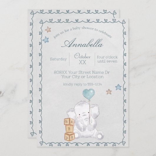 かわいい男の赤ちゃんゾウとバルーンウォーター色 招待状 (正面/裏面)