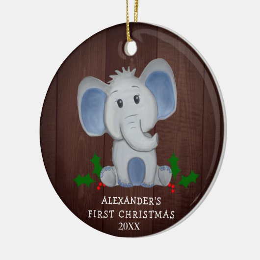 かわいい男の赤ちゃんゾウ初めてのクリスマス写真 セラミックオーナメント (左)