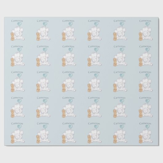 かわいい男の赤ちゃんゾウ水彩名前をカスタムするブルー ラッピングペーパー (フラット)