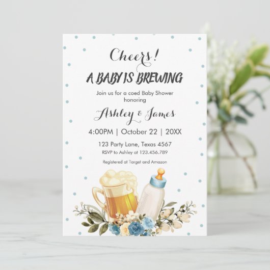 かわいい男の赤ちゃんブルーイング青い応援ベビーシャワー 招待状 (スタンド正面)