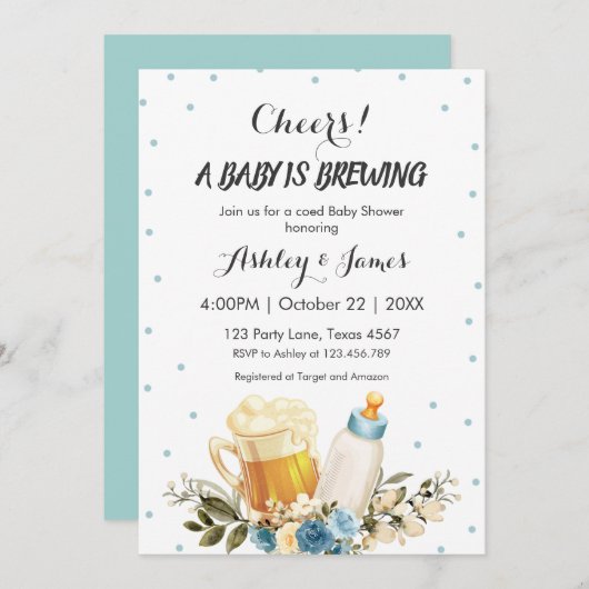 かわいい男の赤ちゃんブルーイング青い応援ベビーシャワー 招待状 (正面/裏面)