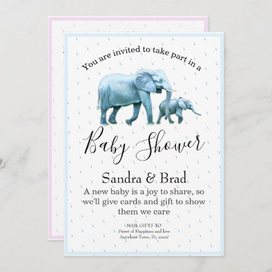 かわいい男の赤ちゃんブルーゾウ赤ちゃんシャワー 招待状 (正面/裏面)