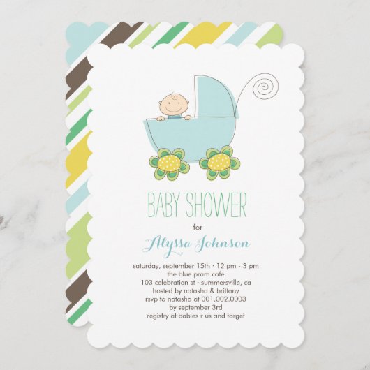 かわいい男の赤ちゃんブループラムベビーシャワー招待状 招待状 (正面/裏面)