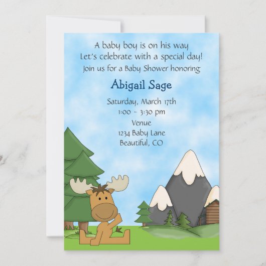 かわいい男の赤ちゃんマウンテンムースベビーシャワー 招待状 (正面)