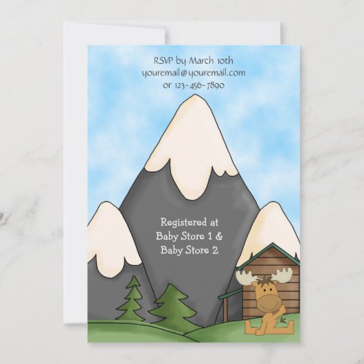 かわいい男の赤ちゃんマウンテンムースベビーシャワー 招待状 (裏面)