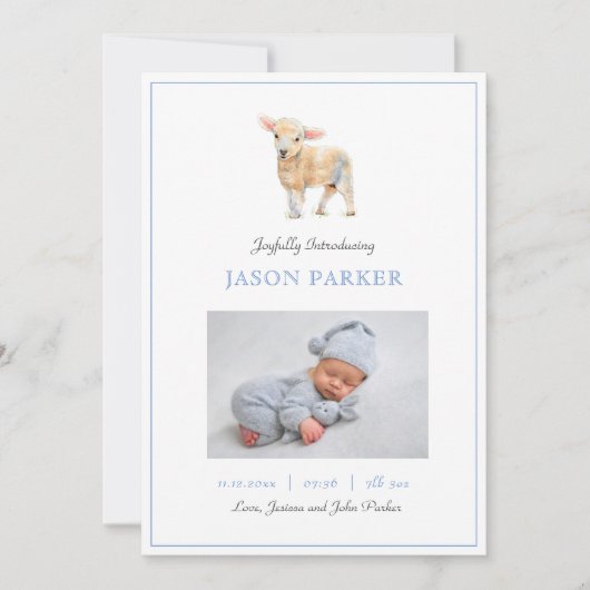 かわいい男の赤ちゃん写真小羊の誕生発表 案内状 (正面)