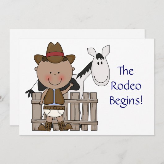 かわいい男の赤ちゃん及び馬の子馬のカスタムな西部の誕生 案内状 (正面/裏面)