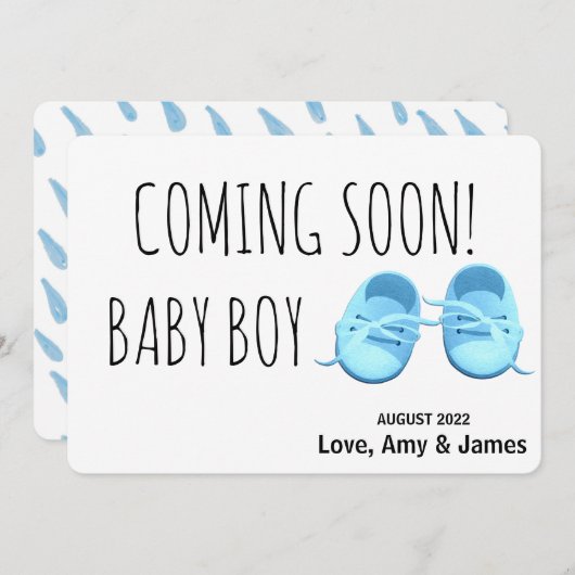 かわいい男の赤ちゃん来シューズの間もなく青い妊娠 案内状 (正面/裏面)