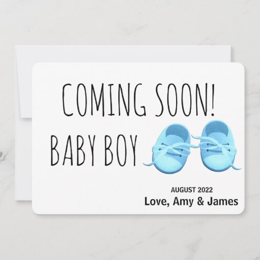 かわいい男の赤ちゃん来シューズの間もなく青い妊娠 案内状 (正面)