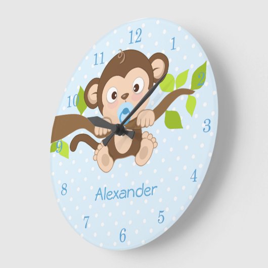 かわいい男の赤ちゃん猿の青い水玉模様の柱時計 ラージ壁時計 (傾斜)
