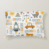 かわいい男の赤ちゃん車とおもちゃ柄の名前 アクセントクッション (正面)