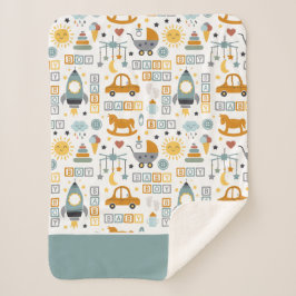 かわいい男の赤ちゃん車とおもちゃ柄の名前 シェルパブランケット