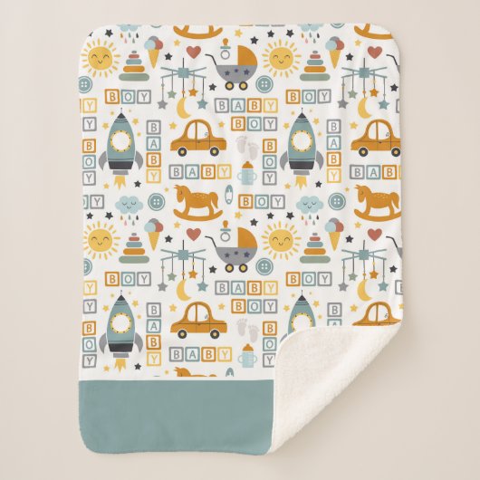 かわいい男の赤ちゃん車とおもちゃ柄の名前 シェルパブランケット (正面)