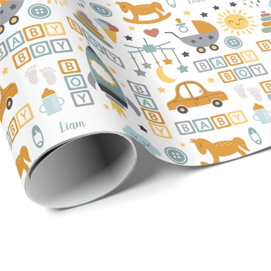 かわいい男の赤ちゃん車とおもちゃ柄の名前 ラッピングペーパー (ロールコーナー)