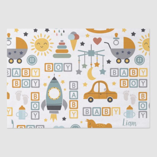 かわいい男の赤ちゃん車とおもちゃ柄の名前 薄葉紙 (正面)