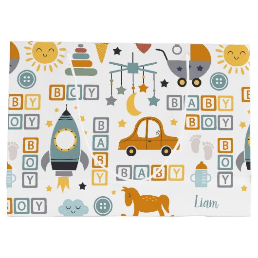 かわいい男の赤ちゃん車のおもちゃパターンと名前ベビーシャワー ラージペーパーバッグ (裏面)