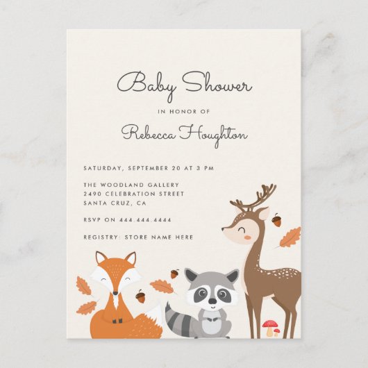 かわいい男女兼用ウッドランド動物の赤ちゃんシャワー インビテーションポストカード (正面)