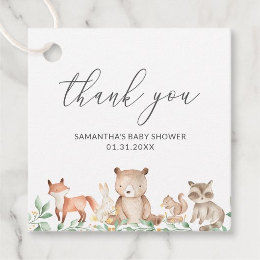 かわいい男女兼用ウッドランド動物の赤ちゃんシャワー フェイバータグ (正面)