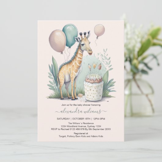 かわいい男女兼用キリン赤ちゃんシャワー 招待状 (スタンド正面)