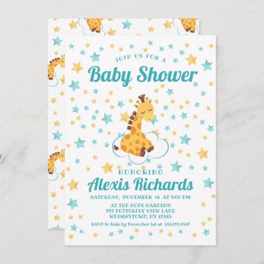 かわいい男女兼用キリン&スターズベビーシャワー 招待状 (正面/裏面)
