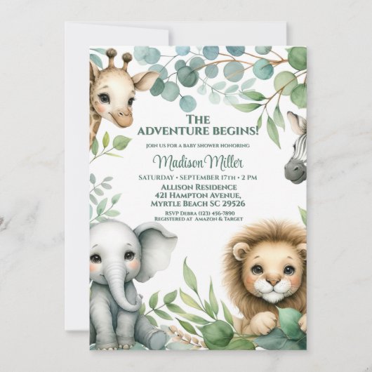 かわいい男女兼用サファリの動物の赤ちゃんシャワー 招待状 (正面)