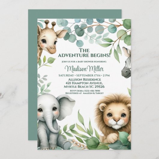 かわいい男女兼用サファリの動物の赤ちゃんシャワー 招待状 (正面/裏面)