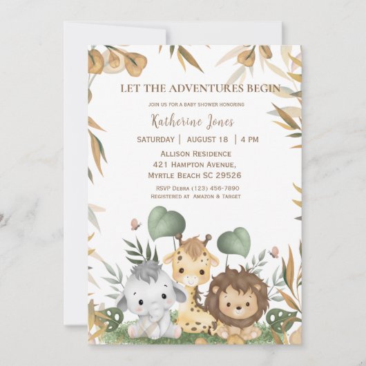 かわいい男女兼用サファリの動物の赤ちゃんシャワー 招待状 (正面)
