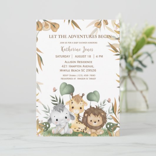 かわいい男女兼用サファリの動物の赤ちゃんシャワー 招待状 (スタンド正面)