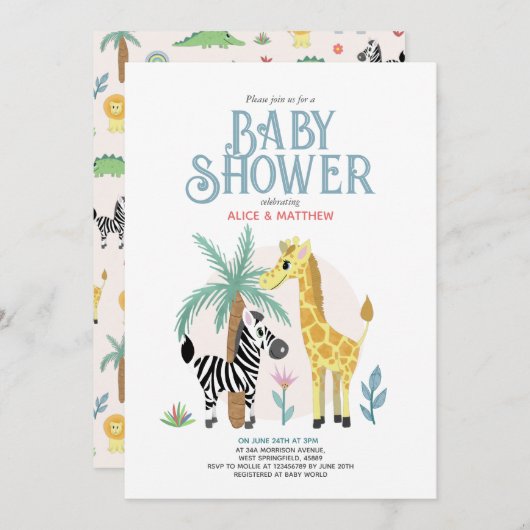 かわいい男女兼用サファリの赤ちゃんシャワー 招待状 (正面/裏面)