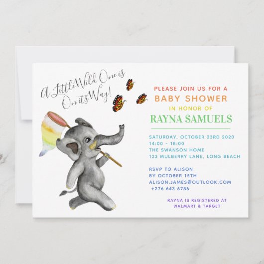 かわいい男女兼用サファリ象の赤ちゃんシャワー 招待状 (正面)
