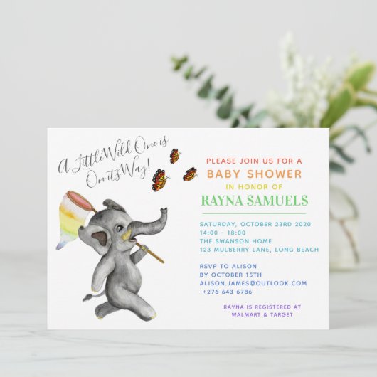 かわいい男女兼用サファリ象の赤ちゃんシャワー 招待状 (スタンド正面)