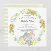 かわいい男女兼用ジャングル象の赤ちゃんシャワー 招待状 (正面/裏面)